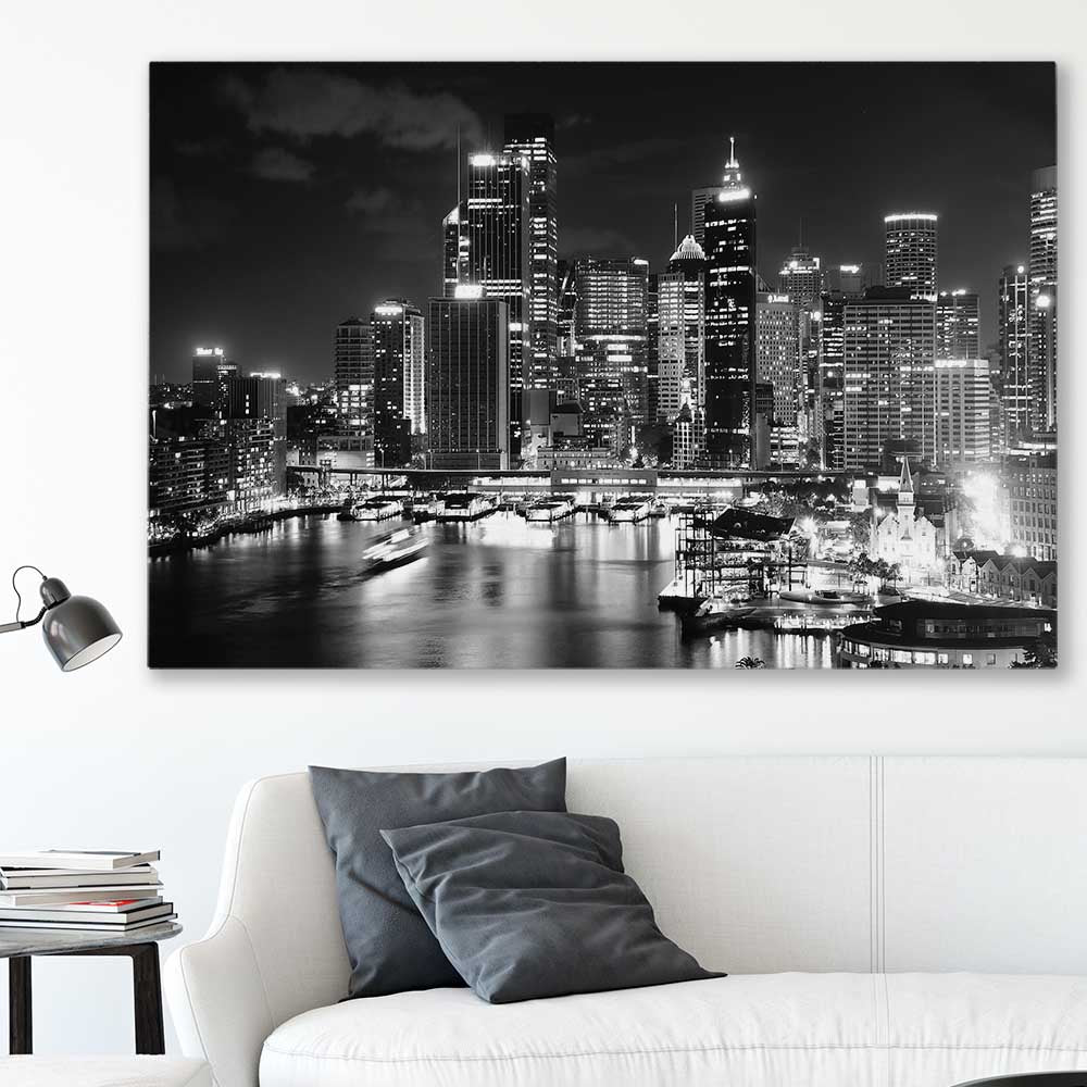 Sydney Night Skyline stretched canvas displayed in a room is a high quality print in our city skyline, travel prints and maps collection