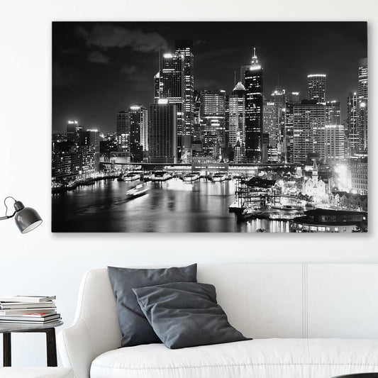 Sydney Night Skyline stretched canvas displayed in a room is a high quality print in our city skyline, travel prints and maps collection