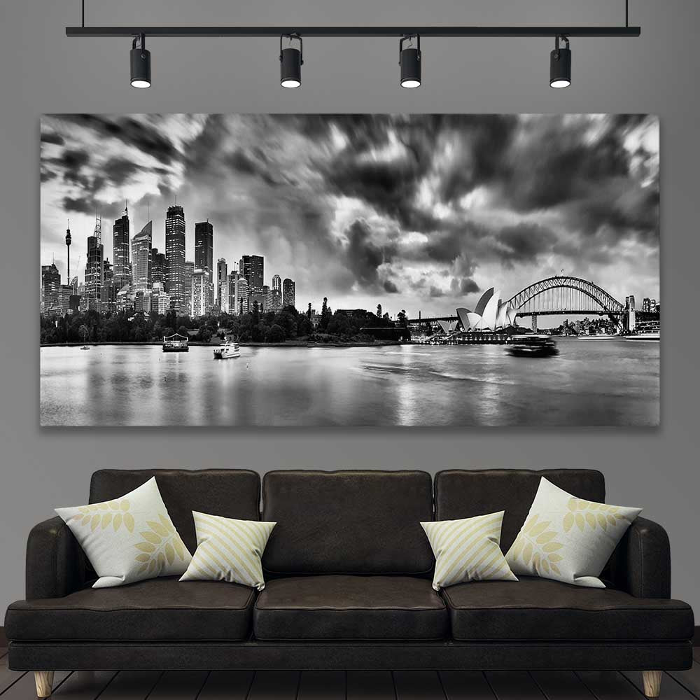 Sydney Skyline Noir stretched canvas displayed in a room is a high quality print in our city skyline, travel prints and maps collection