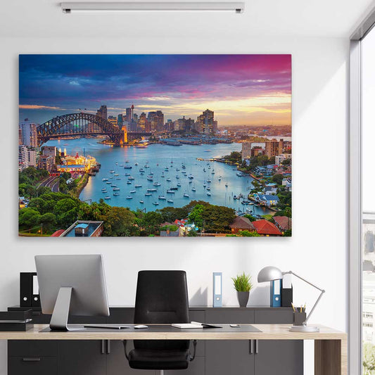 Sydney Sunset stretched canvas displayed in a room is a high quality print in our city skyline, travel prints and maps collection