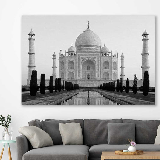 Taj Mahal View stretched canvas displayed in a room is a high quality print in our city skyline, travel prints and maps collection