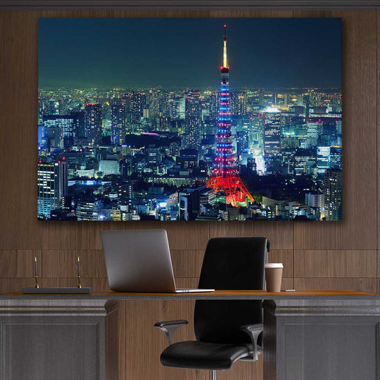 Tokyo City stretched canvas displayed in a room is a high quality print in our city skyline, travel prints and maps collection