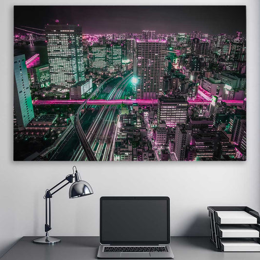 Tokyo Lights stretched canvas displayed in a room is a high quality print in our city skyline, travel prints and maps collection