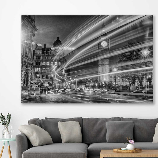 Urban London Lights stretched canvas displayed in a room is a high quality print in our city skyline, travel prints and maps collection