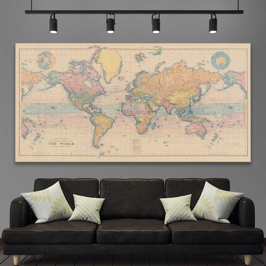 Vintage Map Colour stretched canvas displayed in a room is a high quality print in our city skyline, travel prints and maps collection