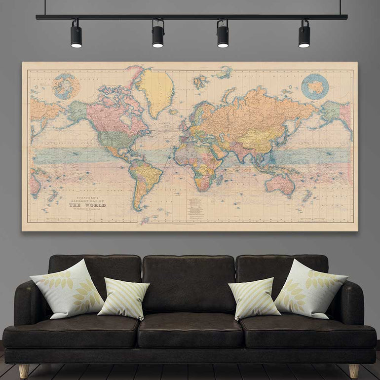 Vintage Map Colour stretched canvas displayed in a room is a high quality print in our city skyline, travel prints and maps collection