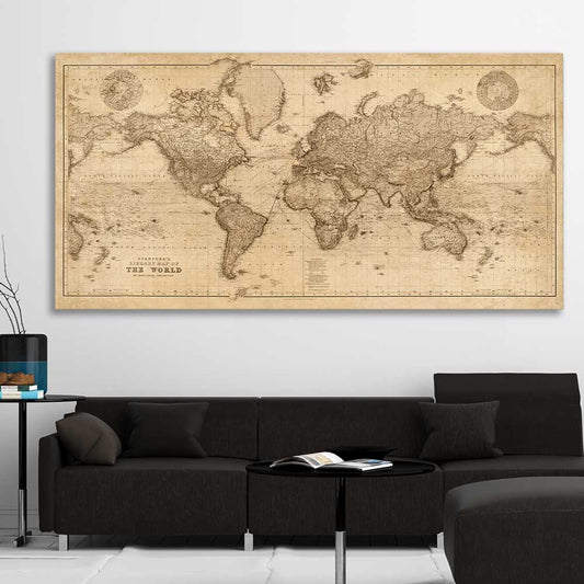 Vintage Map stretched canvas displayed in a room is a high quality print in our city skyline, travel prints and maps collection