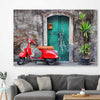 Vintage Red Scooter stretched canvas displayed in a room is a high quality print in our city skyline, travel prints and maps collection