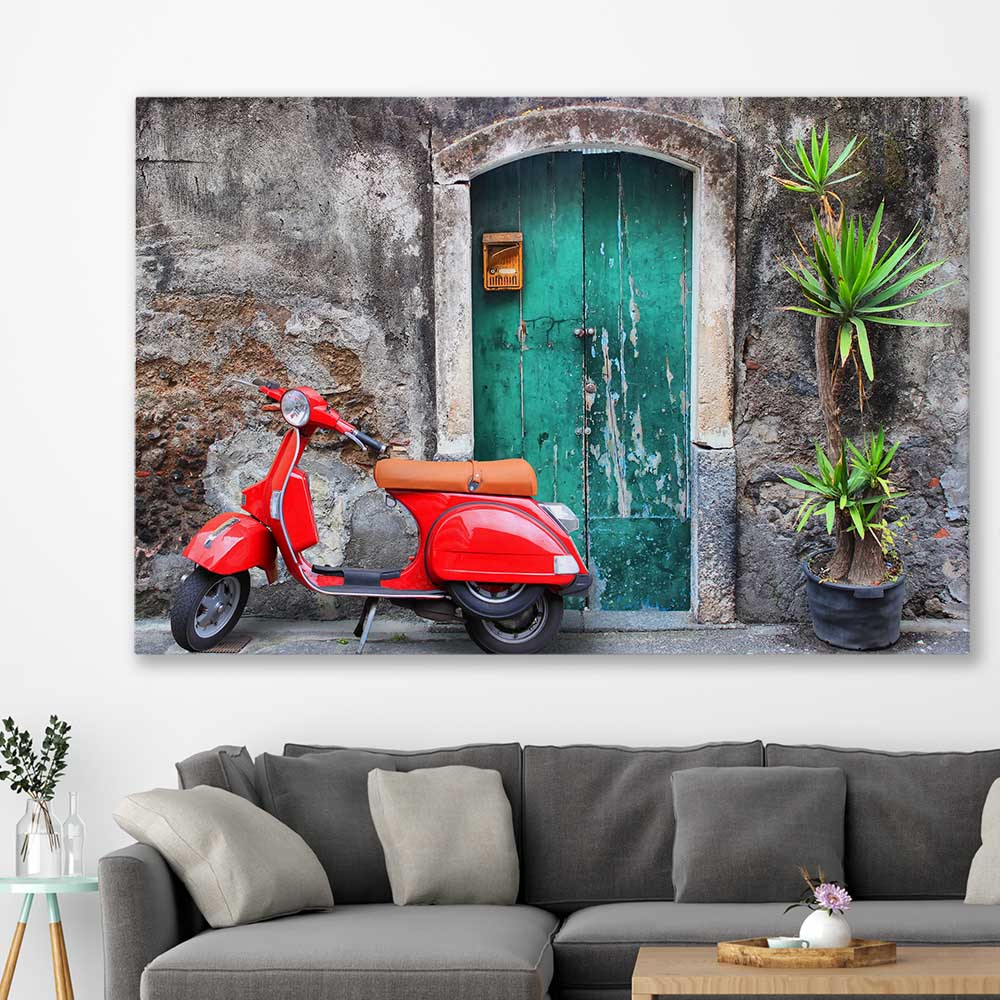 Vintage Red Scooter stretched canvas displayed in a room is a high quality print in our city skyline, travel prints and maps collection