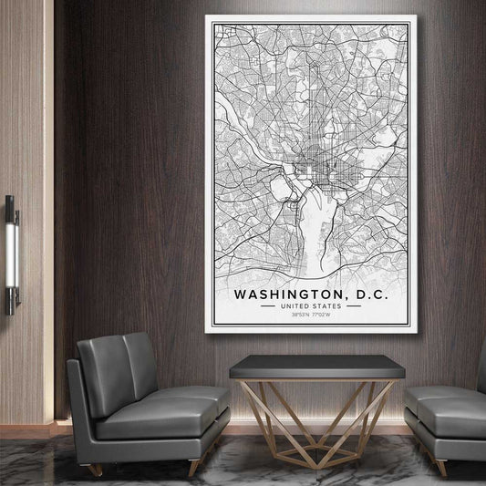 Washington City stretched canvas displayed in a room is a high quality print in our city skyline, travel prints and maps collection