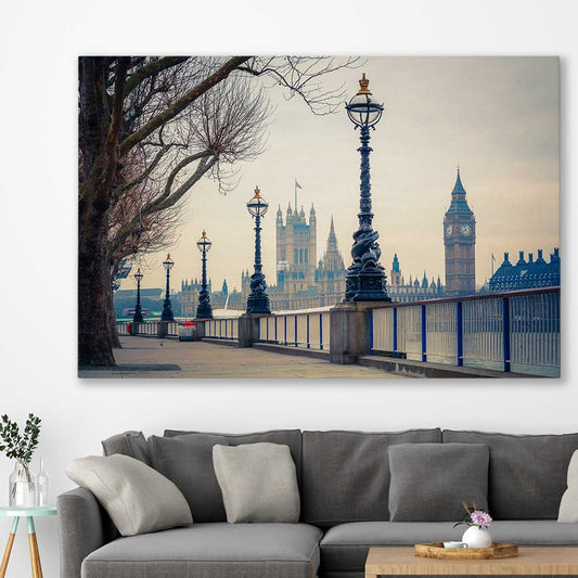 Westminster View stretched canvas displayed in a room is a high quality print in our city skyline, travel prints and maps collection