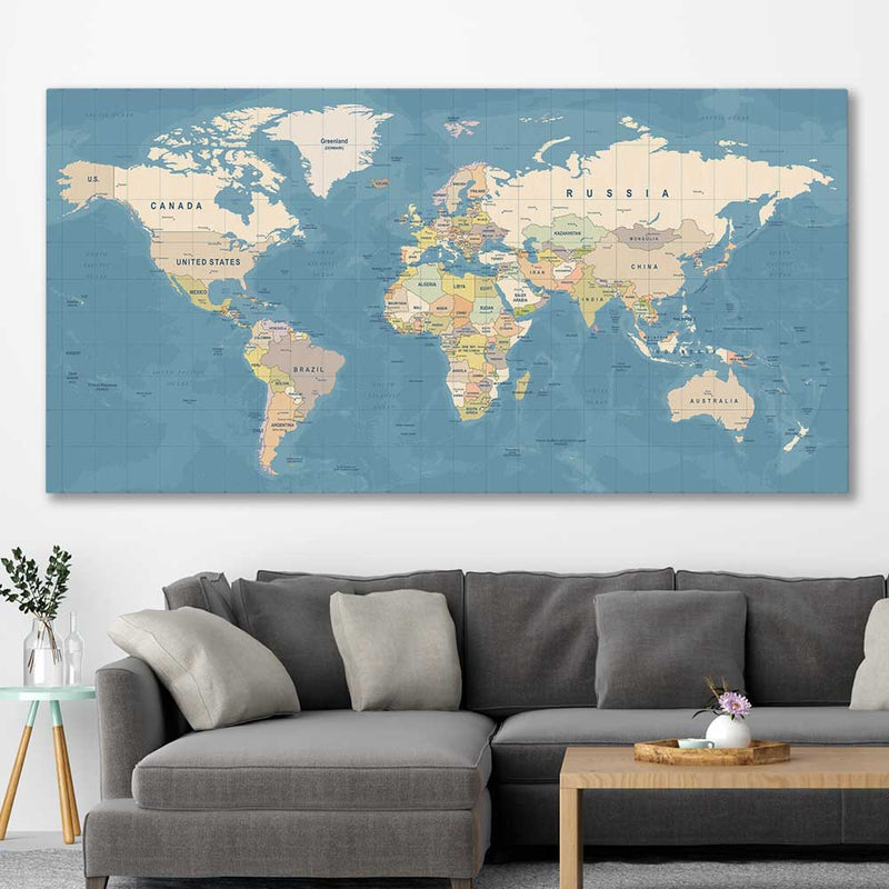 World Map stretched canvas displayed in a room is a high quality print in our city skyline, travel prints and maps collectioncanvas in a styled room