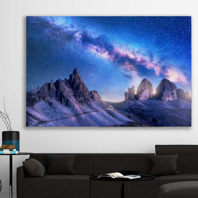 Space prints and wall art of Bright Milky Way on a stretched canvas displayed in a room