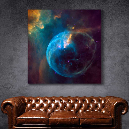 Space prints and wall art of Bubble Nebula on a stretched canvas displayed in a room
