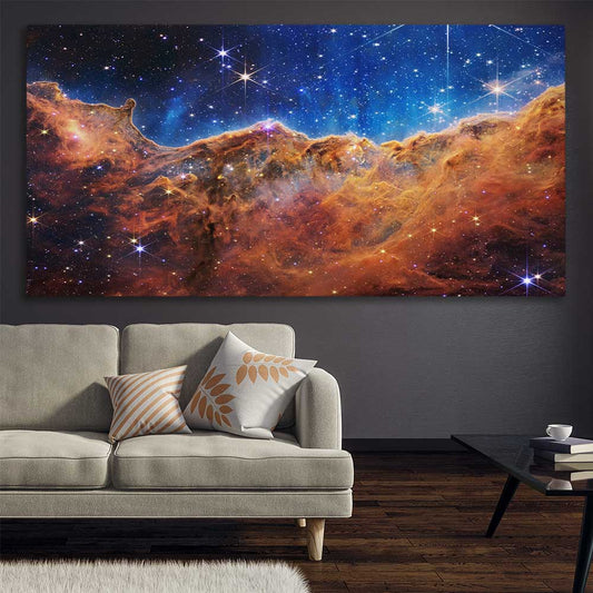 Space prints and wall art of Carina Nebula on a stretched canvas displayed in a room