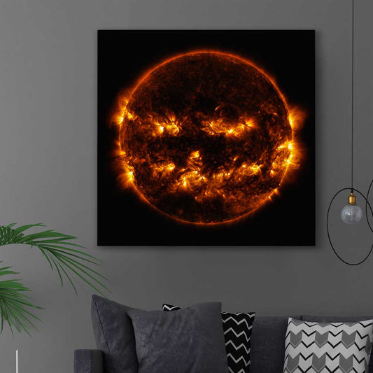 Space prints and wall art of Halloween Sun on a stretched canvas displayed in a room
