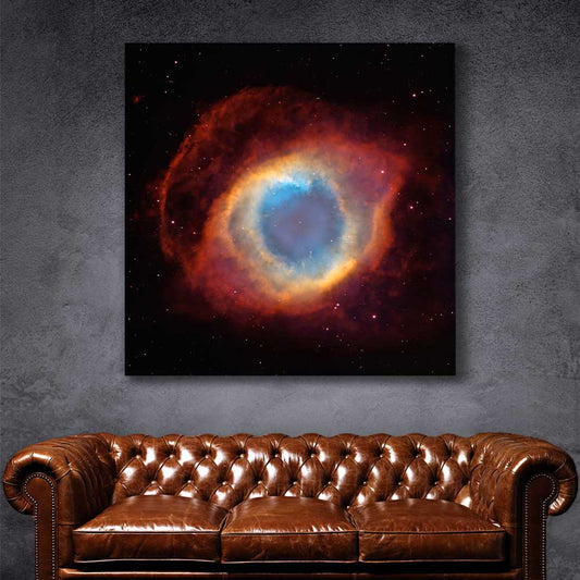 Space prints and wall art of Helix Nebula on a stretched canvas displayed in a room
