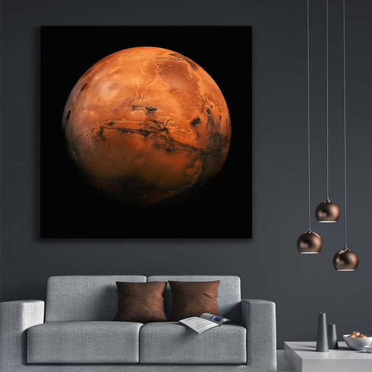 Space prints and wall art of Mars Hemisphere on a stretched canvas displayed in a room