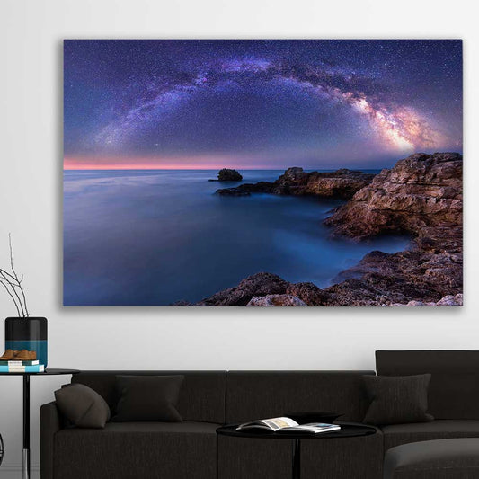 Space prints and wall art of Night Milky Way on a stretched canvas displayed in a room