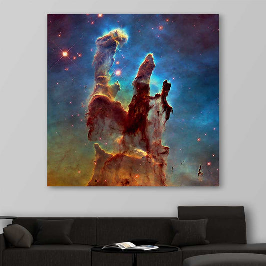 Space prints and wall art of Pillars of Creation on a stretched canvas displayed in a room