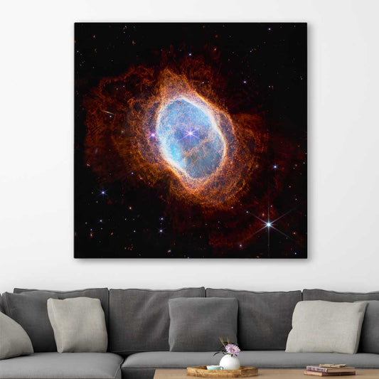 Space prints and wall art of Southern Ring Nebula on a stretched canvas displayed in a room