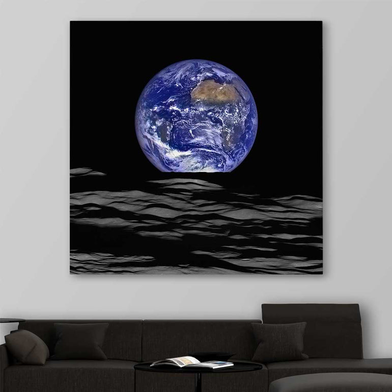 Space prints and wall art of The Earth on a stretched canvas displayed in a room