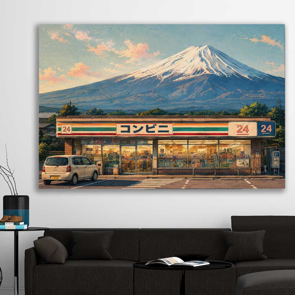 Fuji Konbini Nights stretched canvas displayed in a room is a high quality print in our city skyline, travel prints and maps collection