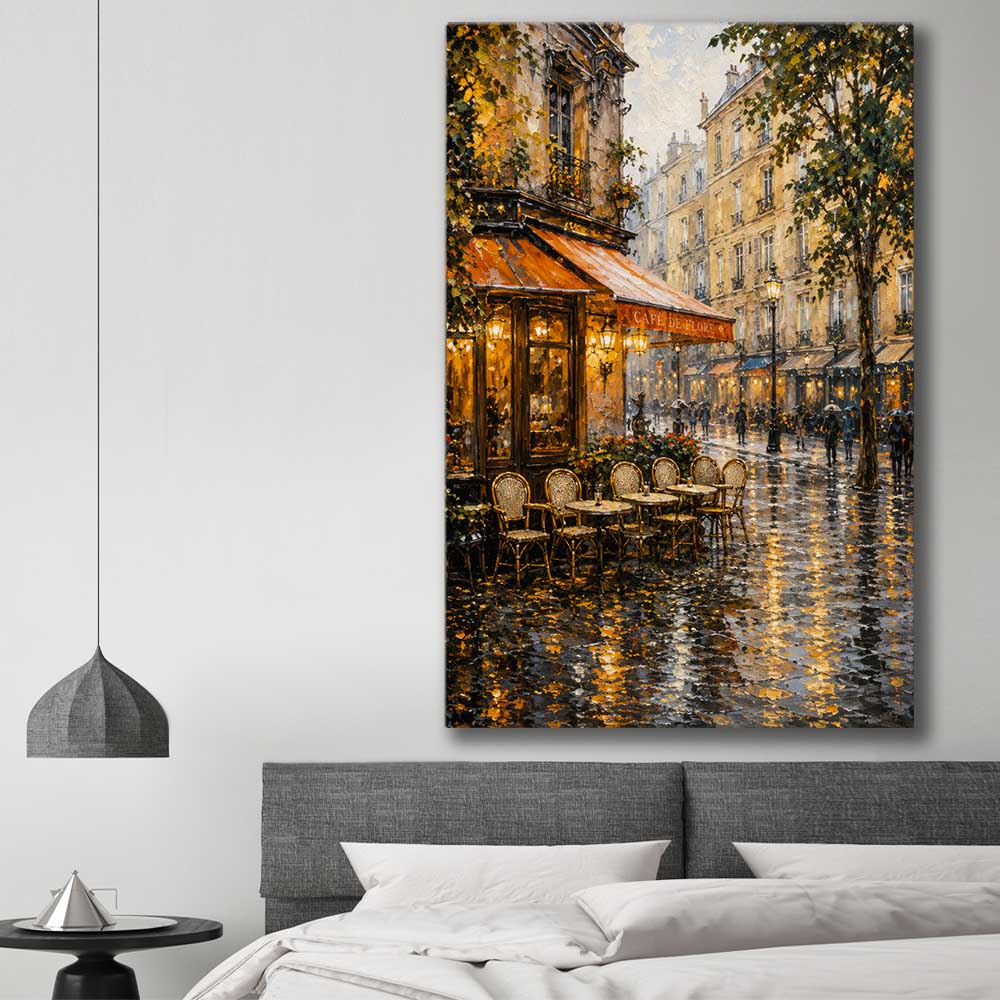 Rainy Paris Cafe stretched canvas displayed in a room is a high quality print in our city skyline, travel prints and maps collection