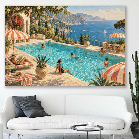 Riviera Poolside stretched canvas displayed in a room is a high quality print in our city skyline, travel prints and maps collection