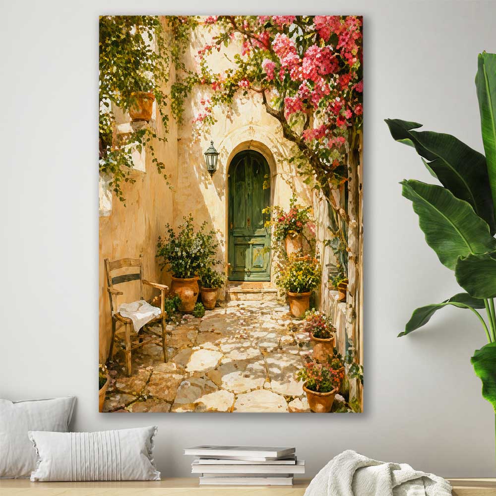 Sunlit Courtyard stretched canvas displayed in a room is a high quality print in our city skyline, travel prints and maps collection