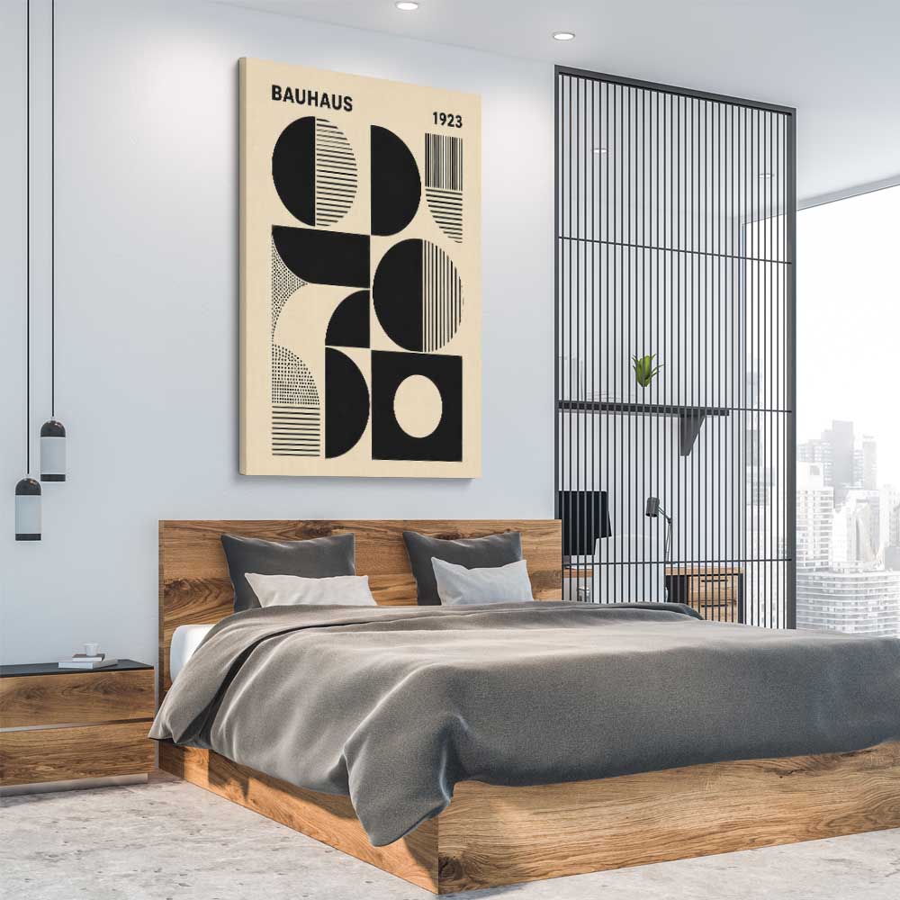 Bauhaus Forms stretched canvas displayed from an angle in a room - part of our high quality canvas abstract wall art collection