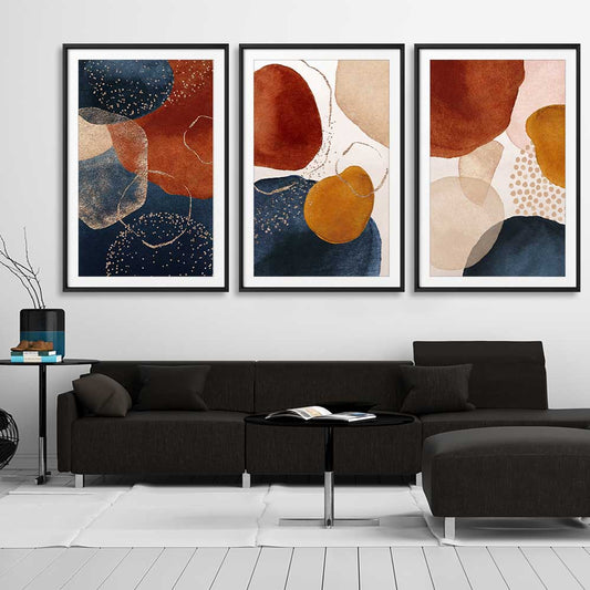 Beige Navy Set stretched canvas displayed from an angle in a room - part of our high quality canvas abstract wall art collection