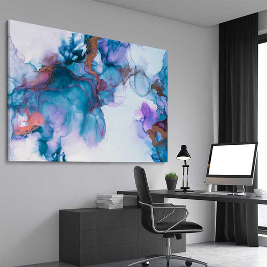 Blue Dreaming stretched canvas displayed from an angle in a room - part of our high quality canvas abstract wall art collection