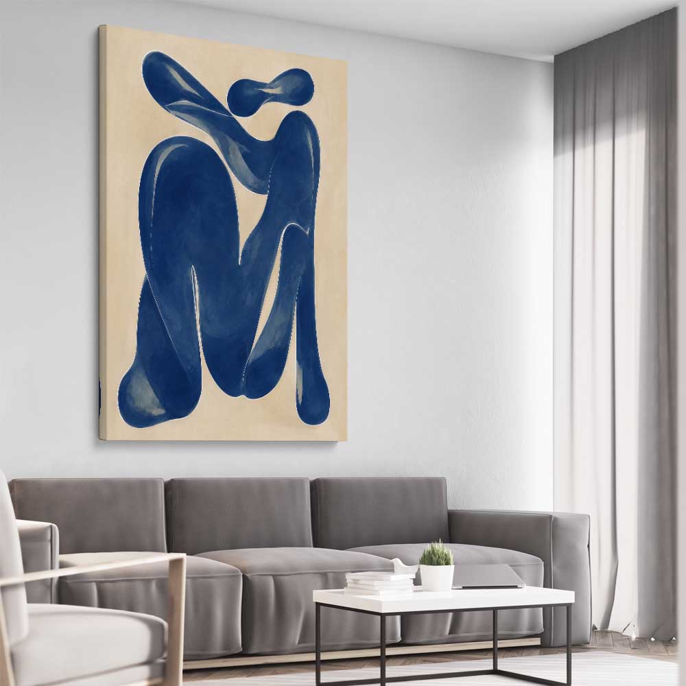 Cobalt Forms I stretched canvas displayed from an angle in a room - part of our high quality canvas abstract wall art collection