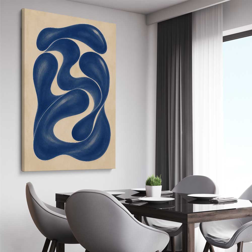 Cobalt Forms II stretched canvas displayed from an angle in a room - part of our high quality canvas abstract wall art collection