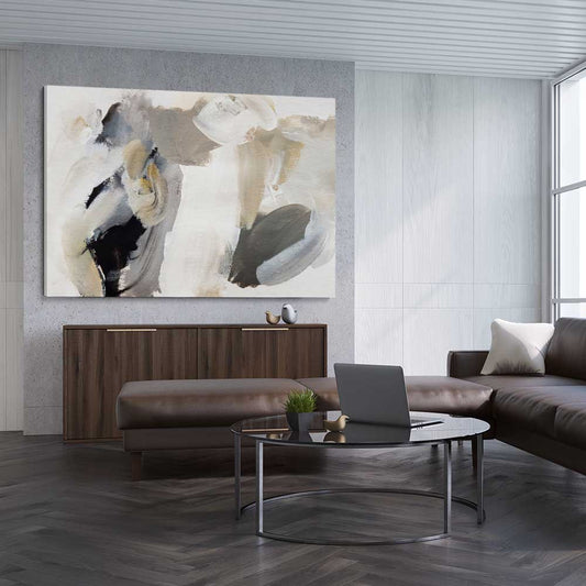 Cosy Neutral stretched canvas displayed from an angle in a room - part of our high quality canvas abstract wall art collection