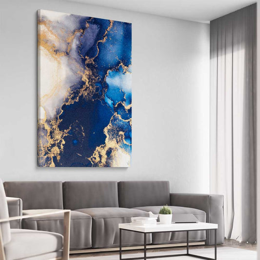Deep Blue Mist stretched canvas displayed from an angle in a room - part of our high quality canvas abstract wall art collection