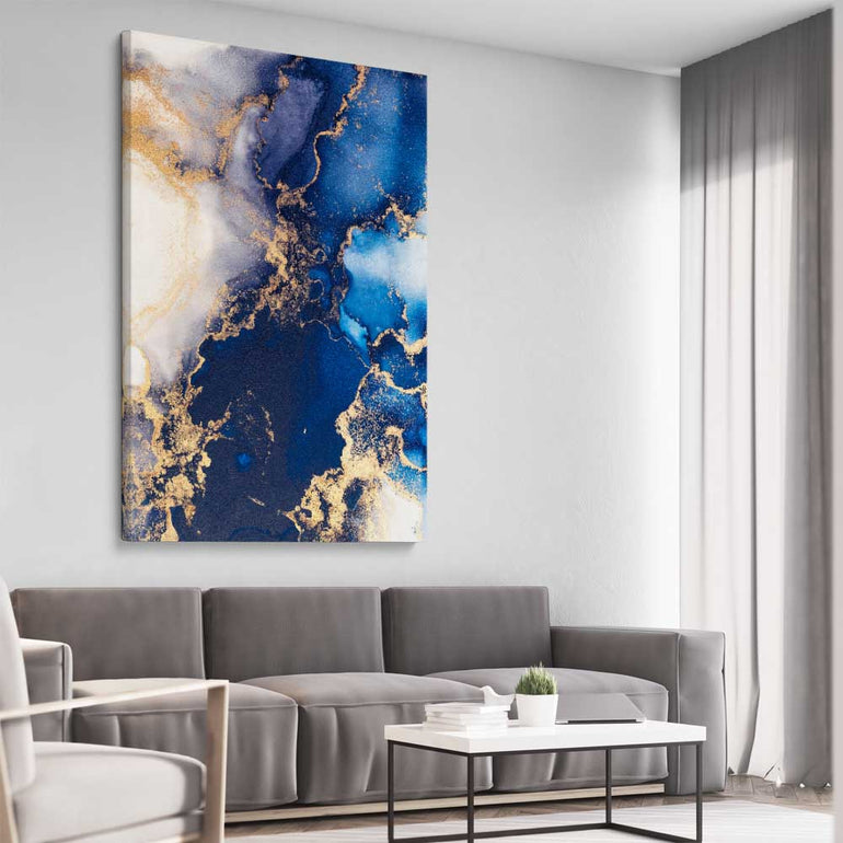 Deep Blue Mist stretched canvas displayed from an angle in a room - part of our high quality canvas abstract wall art collection