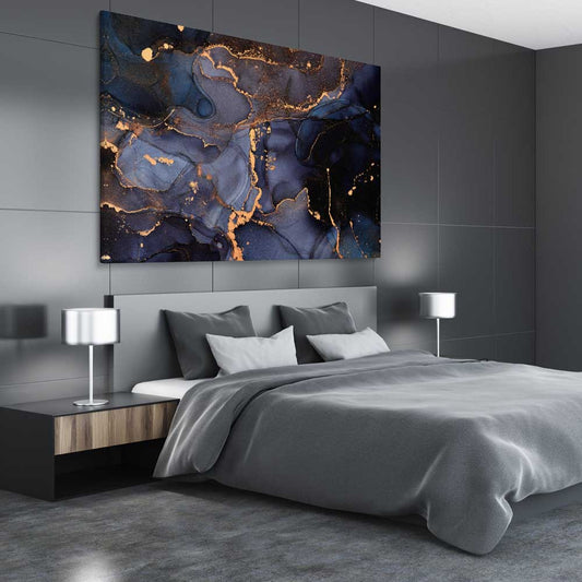 Deep Blue Veins stretched canvas displayed from an angle in a room - part of our high quality canvas abstract wall art collection