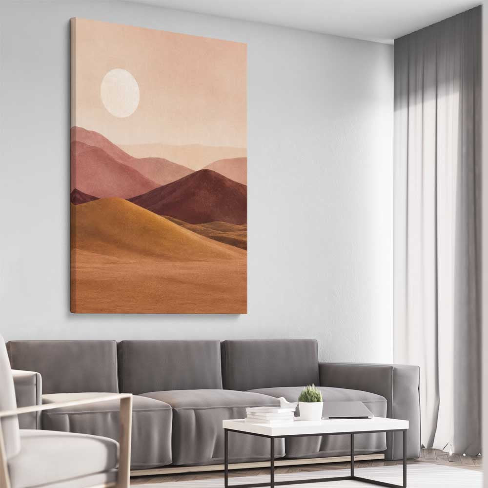 Desert Moonrise stretched canvas displayed from an angle in a room - part of our high quality canvas abstract wall art collection