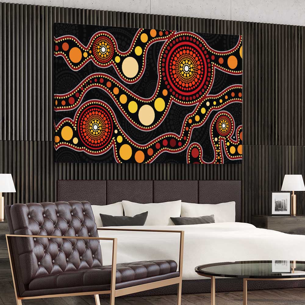 Earthen Colour Dots stretched canvas displayed from an angle in a room - part of our high quality canvas abstract wall art collection