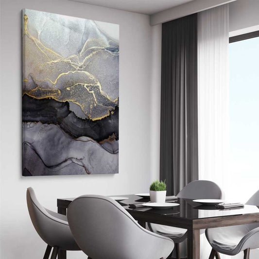 Gold Strokes stretched canvas displayed from an angle in a room - part of our high quality canvas abstract wall art collection