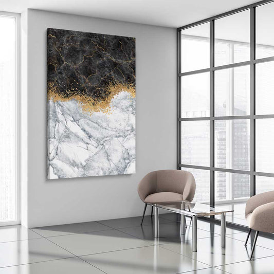 Golden Marble One stretched canvas displayed from an angle in a room - part of our high quality canvas abstract wall art collection