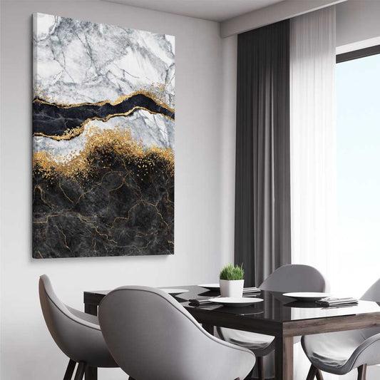 Golden Marble Two stretched canvas displayed from an angle in a room - part of our high quality canvas abstract wall art collection