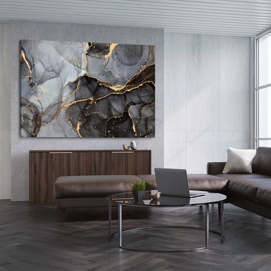 Grey Fissure stretched canvas displayed from an angle in a room - part of our high quality canvas abstract wall art collection