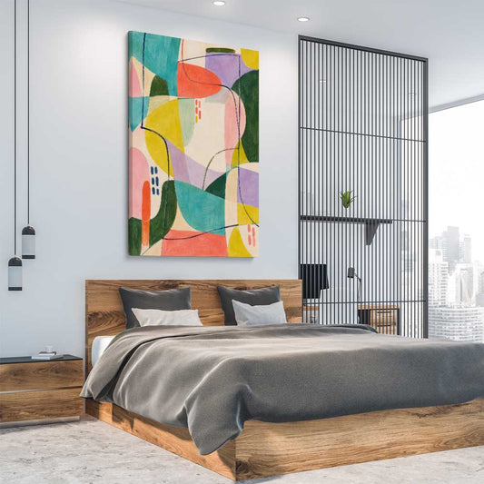 Layered Open Colour stretched canvas displayed from an angle in a room - part of our high quality canvas abstract wall art collection