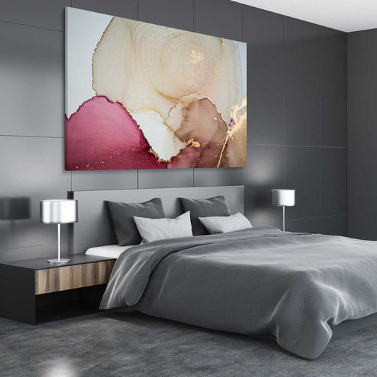 Maroon Depth stretched canvas displayed from an angle in a room - part of our high quality canvas abstract wall art collection