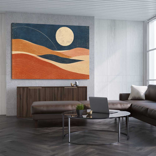 Moonlit Indigo Dunes stretched canvas displayed from an angle in a room - part of our high quality canvas abstract wall art collection