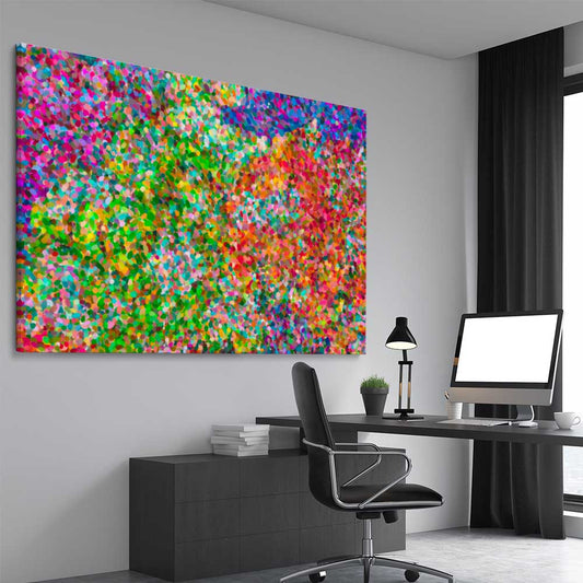 Pointillist Burst stretched canvas displayed from an angle in a room - part of our high quality canvas abstract wall art collection