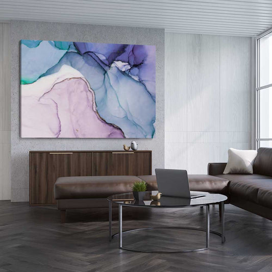 Purple Edges stretched canvas displayed from an angle in a room - part of our high quality canvas abstract wall art collection